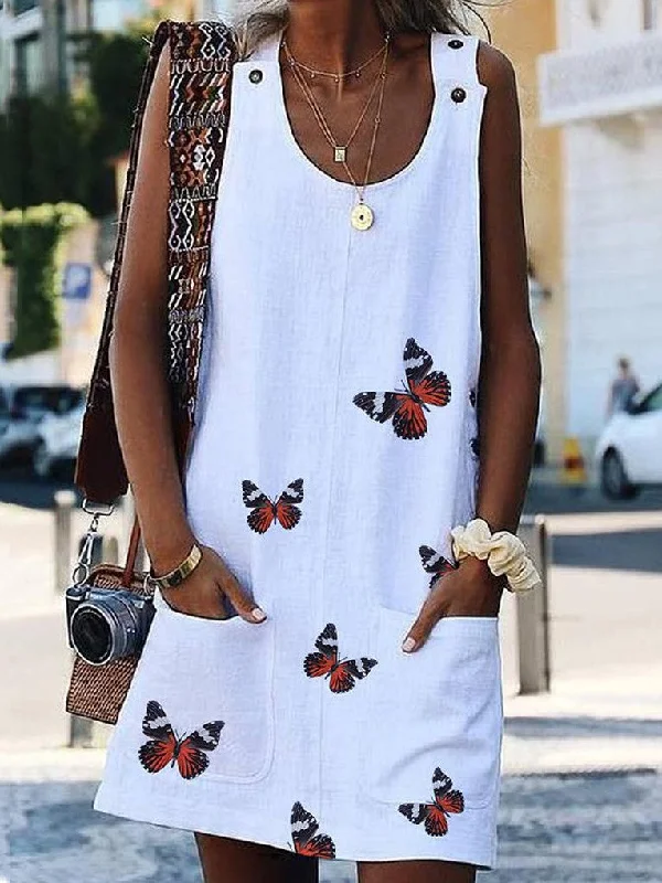 Summer Sleeveless Floral Butterfly Knee Above Casual Loose Mini Dress Trendy Mini Dress with Belt