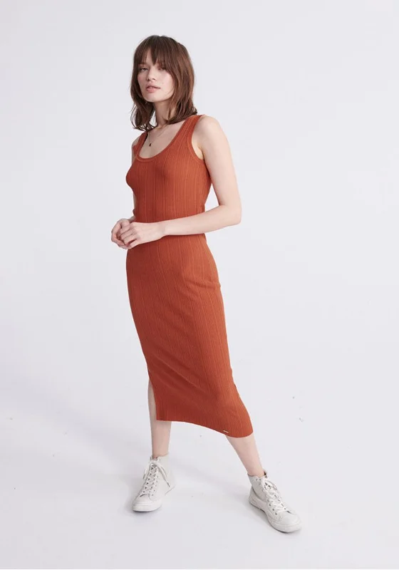 Superdry Womens Sahara Knit Midi Dress, Rust Trendy Ruched Side Midi Dress