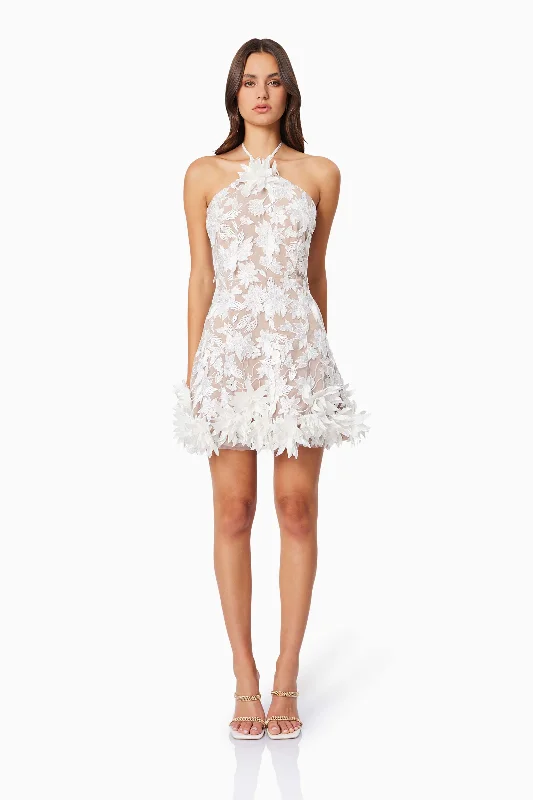 Valentina 3D Floral Mini Dress in White Classic Black Mini Dress