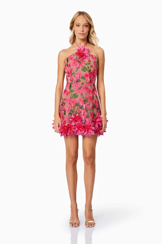 Valentina 3D Floral Mini Dress in Pink Stylish Sweetheart Mini Dress