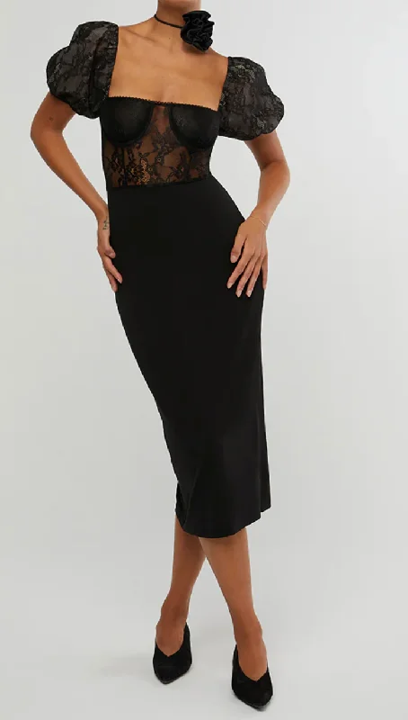 We Wore What Black Lace Midi Dress Fashionable Off-Shoulder Dress Midi