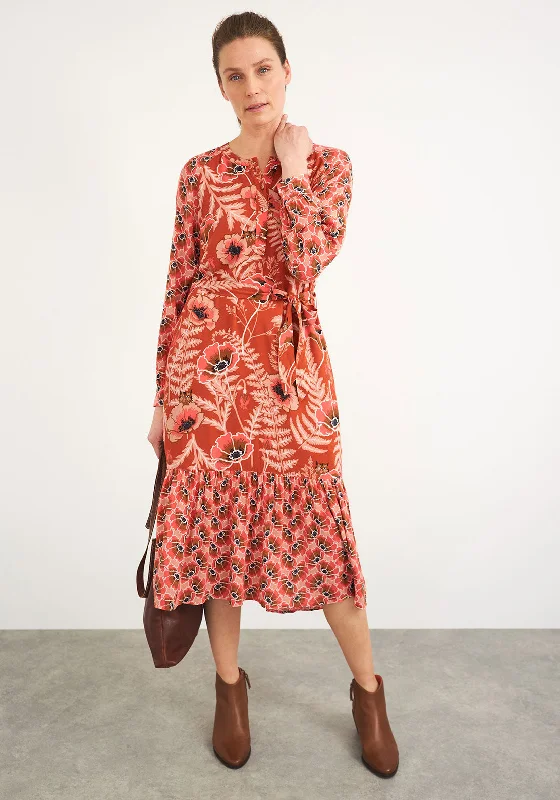 White Stuff Poppy Floral & Cat Print Midi Dress, Salmon Pink Trendy A-Line Midi Dress