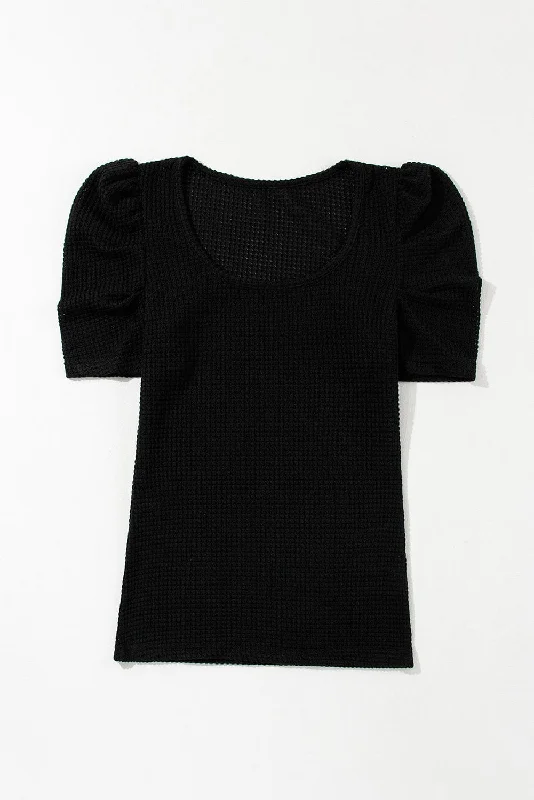 Women's Fashionable Black T-Shirt Seamless Knitted Crochet
