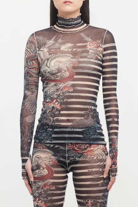 Jean Paul Gaultier Mariniere Tattoo High Neck Long Sleeve Top Fashionable Slouchy Fit Jeans Jean Paul Gaultier Mariniere Tattoo High Neck Long Sleeve Top Fashionable Slouchy Fit Jeans