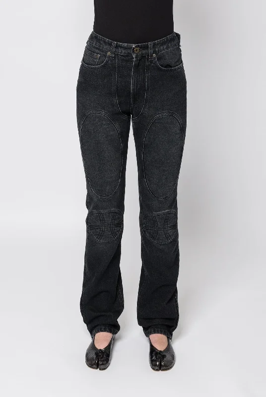 Jean Paul Gaultier Denim Jean with Lacing and Knee Bonding Detail Casual High-Waisted Bootcut Jeans Jean Paul Gaultier Denim Jean with Lacing and Knee Bonding Detail Casual High-Waisted Bootcut Jeans