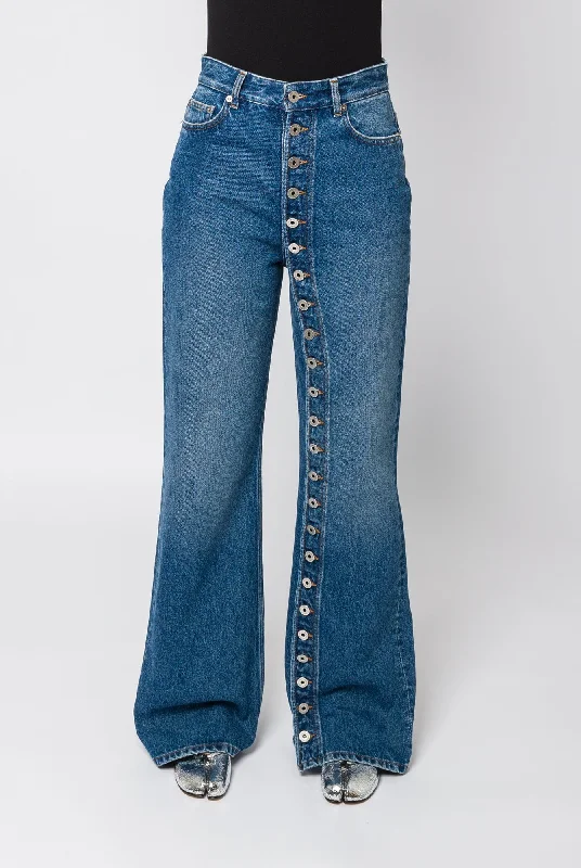 Jean Paul Gaultier Denim Jean with One Leg Buttons Detail Comfortable Distressed Straight-Leg Jeans Jean Paul Gaultier Denim Jean with One Leg Buttons Detail Comfortable Distressed Straight-Leg Jeans