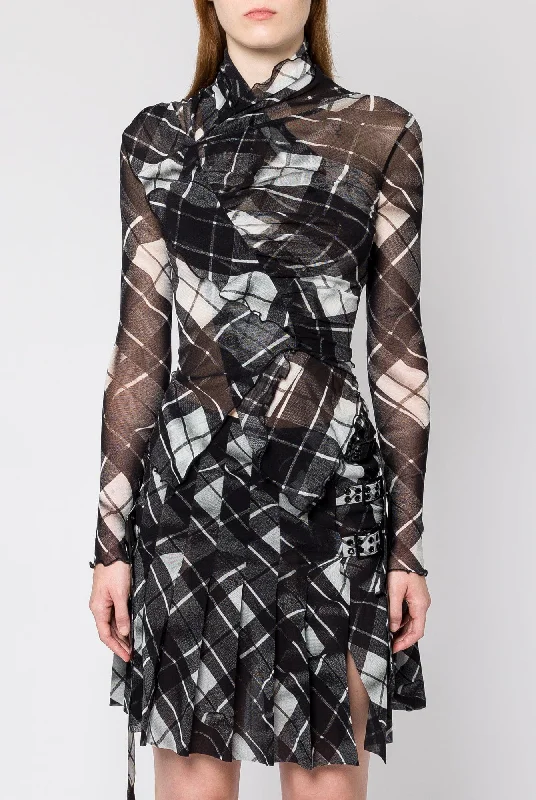 Jean Paul Gaultier Distorted Tartan Mesh Draped Long Sleeve Top Comfortable Zip-Fly Denim Jeans Jean Paul Gaultier Distorted Tartan Mesh Draped Long Sleeve Top Comfortable Zip-Fly Denim Jeans