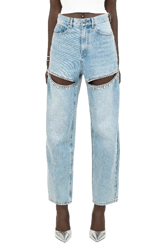 Area Crystal Slit Jean Stylish Acid-Wash Jeans