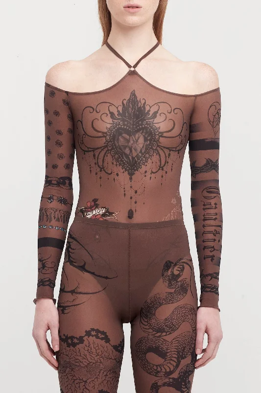 Jean Paul Gaultier X KNWLS Clavicle Body Neck Long Sleeves Printed Trompe l'oeil Tattoo Chic Rolled Cuff Denim Jeans Jean Paul Gaultier X KNWLS Clavicle Body Neck Long Sleeves Printed Trompe l'oeil Tattoo Chic Rolled Cuff Denim Jeans