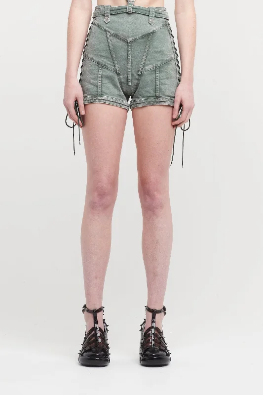 Jean Paul Gaultier X KNWLS Washed Laced Mini Short High Waist and Band Details Trendy Skinny Fit Jeans