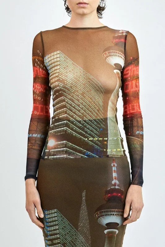 Jean Paul Gaultier x Shayne Oliver Mesh Long Sleeves Top Printed City Trendy Colored Denim Jeans Jean Paul Gaultier x Shayne Oliver Mesh Long Sleeves Top Printed City Trendy Colored Denim Jeans