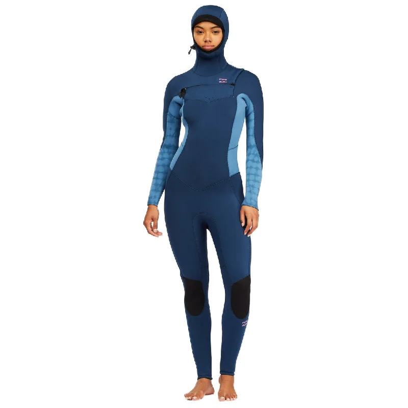 5/4mm Women’s Billabong Synergy Hooded Chest Zip Full Wetsuit - 'River' blue Hoodie with Zipper Placket Modern Functional