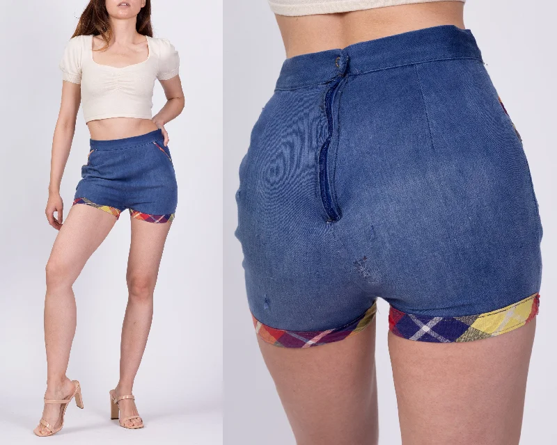 50s 60s Plaid Trim Jean Pinup Shorts - Extra Small, 25" Elegant Wide-Leg Jeans