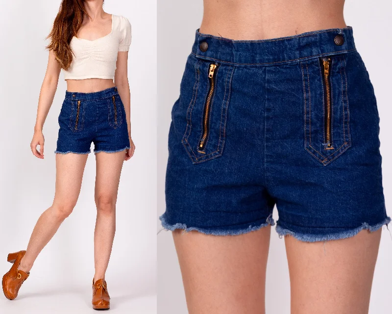70s Zippered Dark Wash Jean Shorts - Petite Extra Small, 24" Chic Rolled Cuff Denim Jeans
