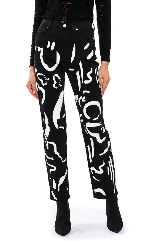 ABSTRACT PAINTED HIGH WAISTED WIDE LEG JEAN Fashionable White Denim Jeans