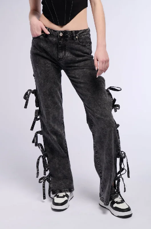 ACID WASH TIE UP SIDES STRAIGHT LEG JEAN Trendy Paperbag Waist Jeans