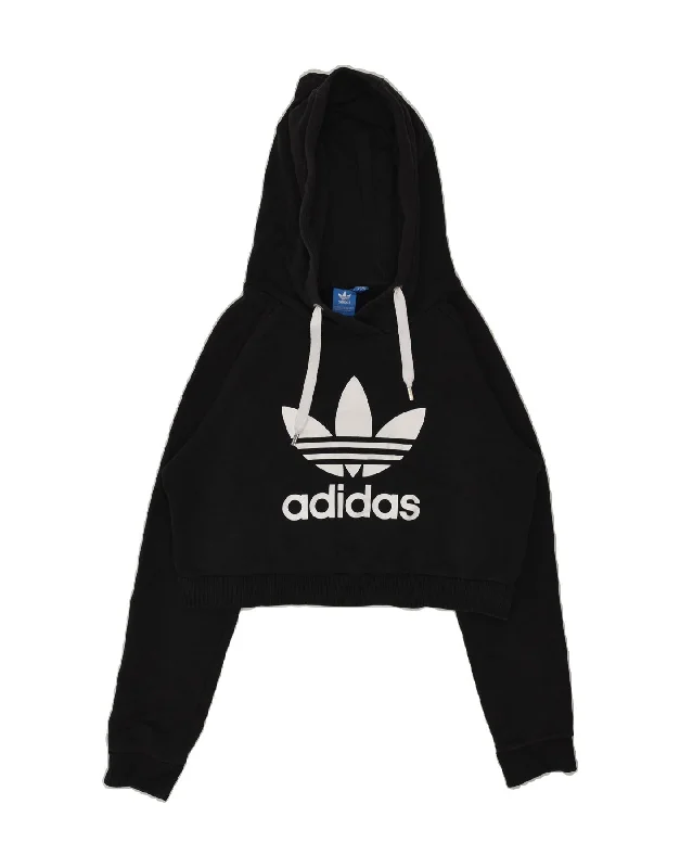 ADIDAS Womens Crop Graphic Hoodie Jumper UK 14 Medium Black Cotton Hoodie with Button Placket Classic Preppy