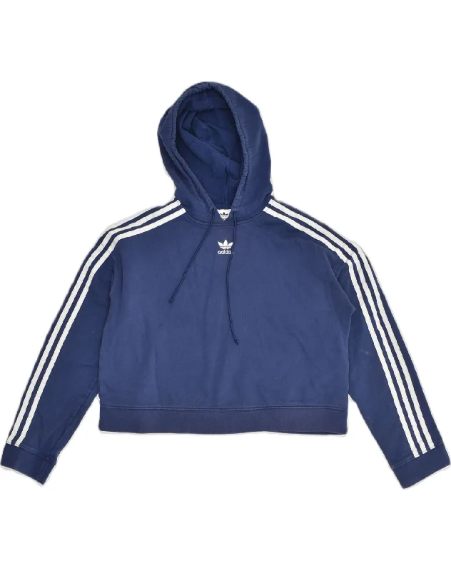 ADIDAS Womens Crop Hoodie Jumper UK 10 Small Navy Blue Cotton Hoodie with Ribbed Neckline Snug Warm