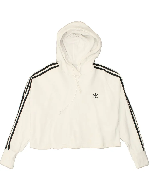 ADIDAS Womens Crop Hoodie Jumper UK 12 Medium White Cotton Hoodie with Mock Neck Collared Structured