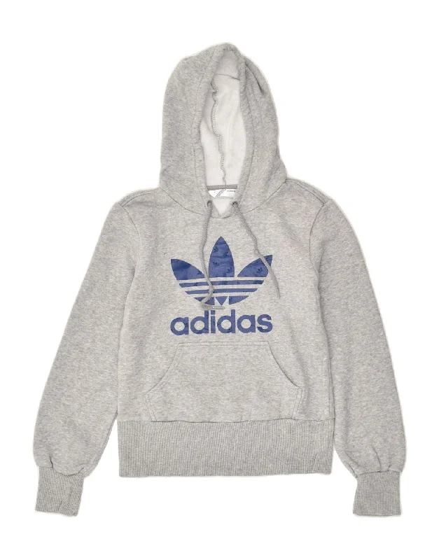 ADIDAS Womens Graphic Hoodie Jumper IT 42 Medium Grey Cotton Hoodie with Drawcord Adjustable Secure