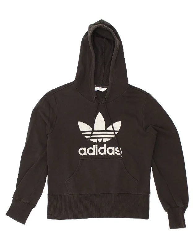 ADIDAS Womens Graphic Hoodie Jumper IT 46 Medium Black Cotton Hoodie with Thumb Holes Functional Cozy