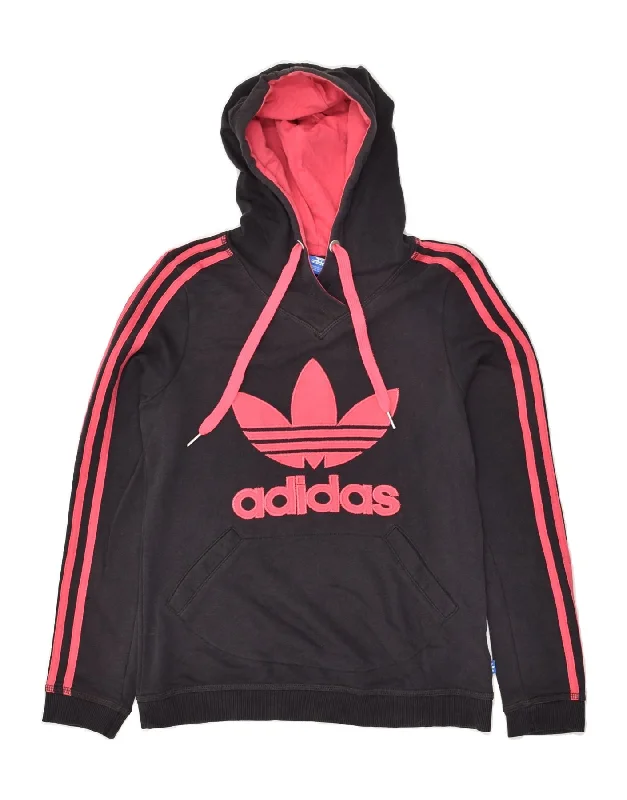 ADIDAS Womens Graphic Hoodie Jumper UK 10 Small Black Cotton Hoodie with Drawcord Adjustable Secure