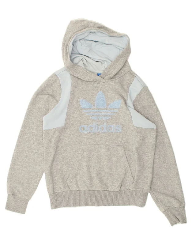 ADIDAS Womens Graphic Hoodie Jumper UK 10 Small Grey Colourblock Cotton Hoodie with Exposed Zipper Edgy Industrial