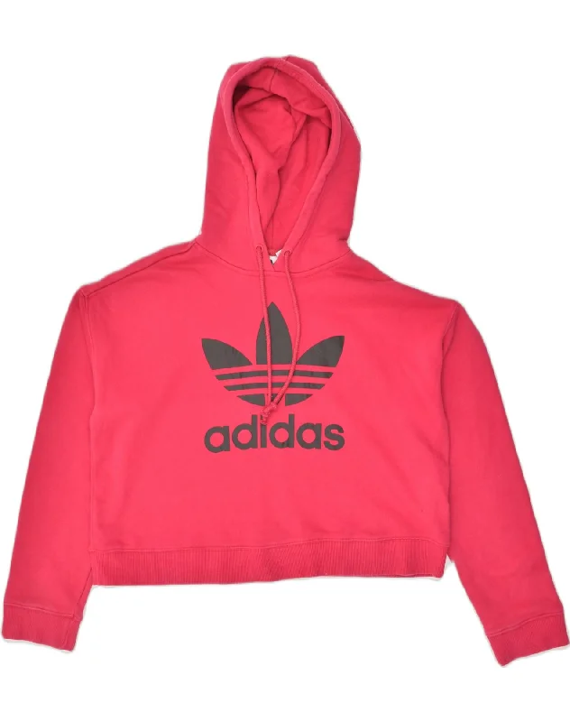 ADIDAS Womens Graphic Hoodie Jumper UK 14 Large Pink Cotton Hoodie with Emblem Brand Identity