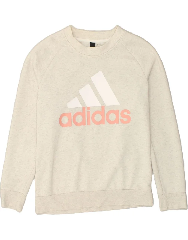 ADIDAS Womens Graphic Sweatshirt Jumper UK 12/14 Medium Grey Flecked Hoodie with Crew Neck Simple Timeless