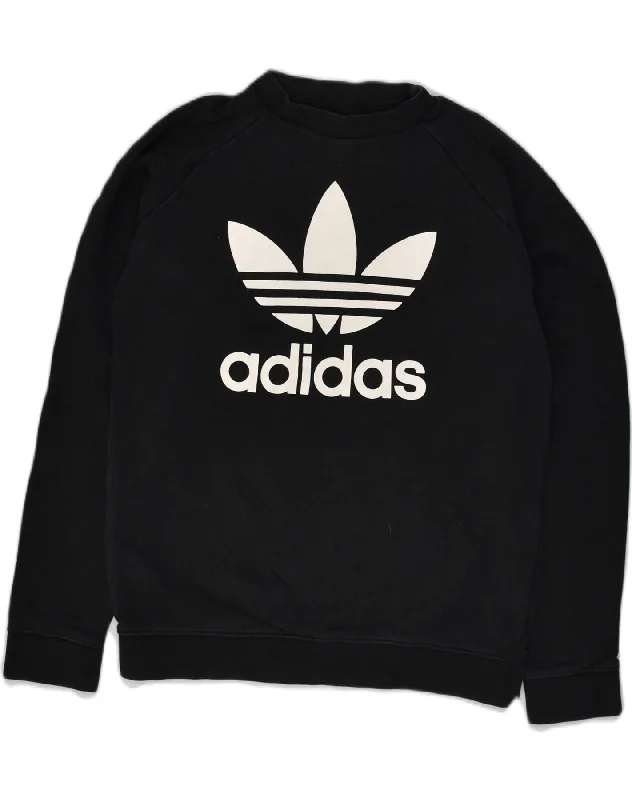 ADIDAS Womens Graphic Sweatshirt Jumper UK 12 Medium Black Cotton Hoodie with Front Slit Layering Stylish