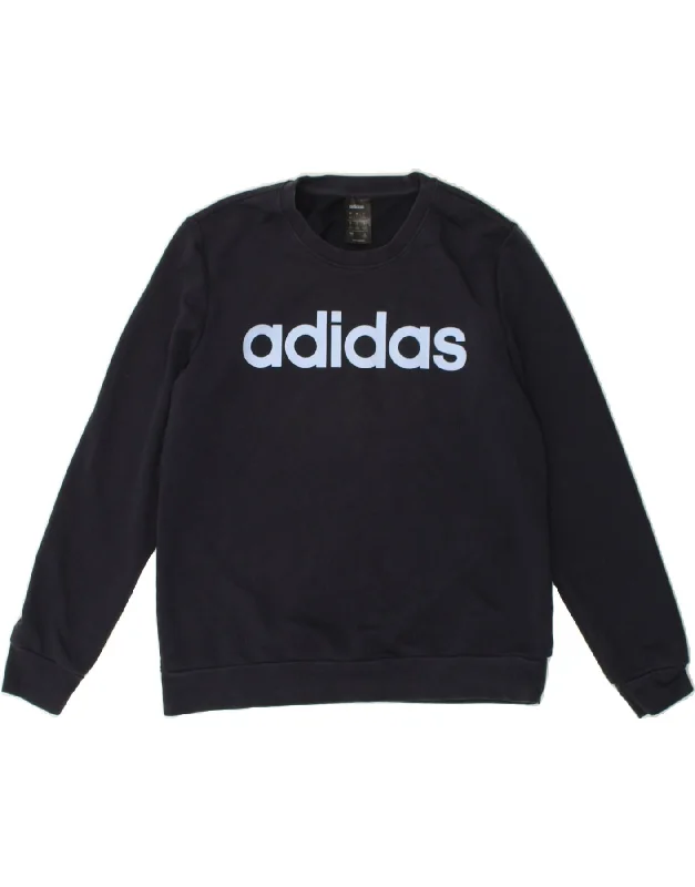 ADIDAS Womens Graphic Sweatshirt Jumper UK 16-18 Large Navy Blue Cotton Hoodie with Double Zipper Versatile Adjustable