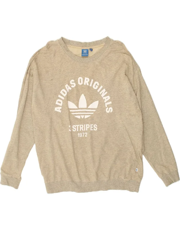 ADIDAS Womens Graphic Sweatshirt Jumper UK 18 XL Beige Cotton Hoodie with Raw Hem Edgy Unfinished