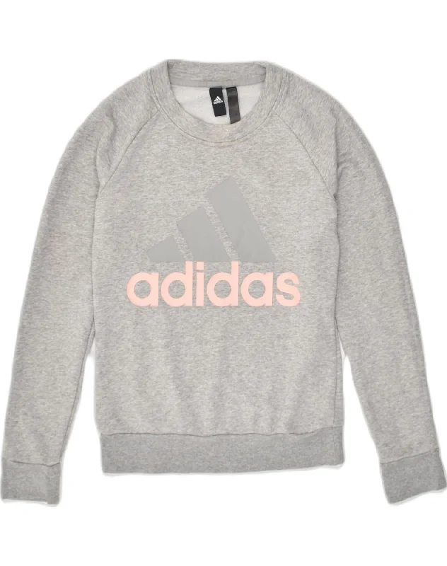 ADIDAS Womens Graphic Sweatshirt Jumper UK 4-6 XS  Grey Cotton Hoodie with Exposed Zipper Edgy Industrial