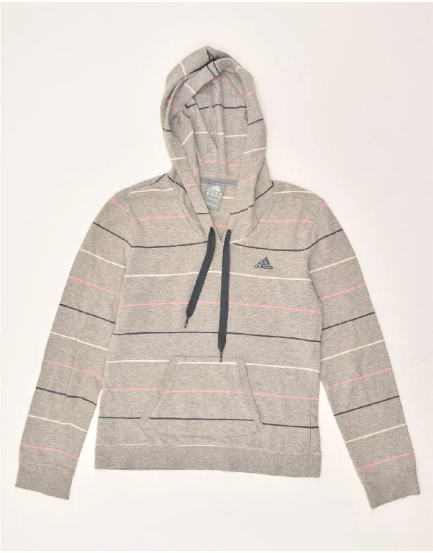 ADIDAS Womens Hoodie Jumper UK 12 Medium Grey Striped Cotton Hoodie with Ribbed Cuffs Snug Fit Comfort