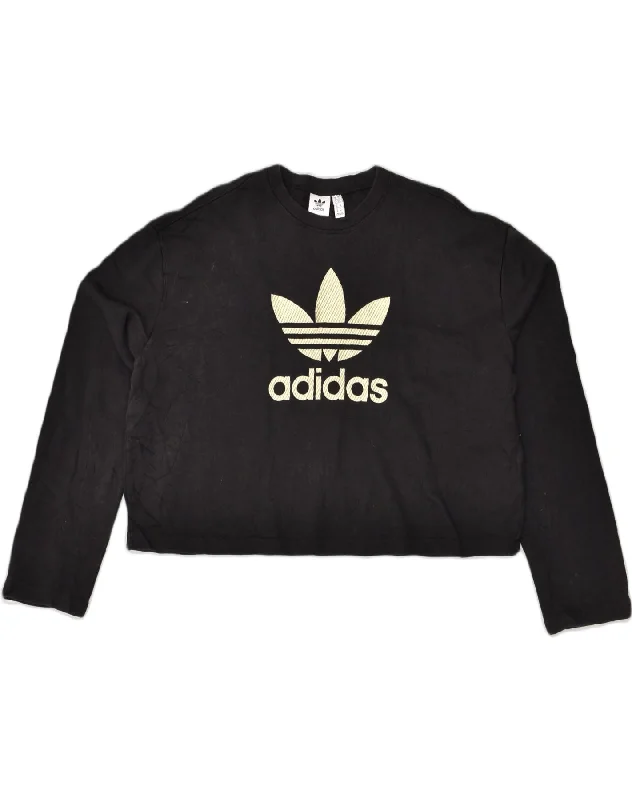 ADIDAS Womens Oversized Crop Sweatshirt Jumper UK 10 Small Black Cotton Hoodie with Ribbed Hem Stretchable Secure