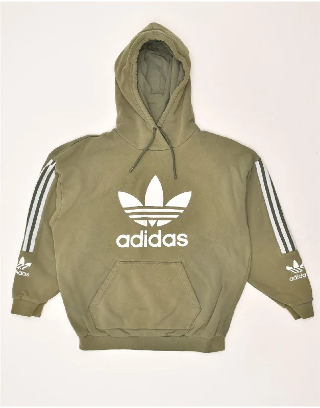 ADIDAS Womens Oversized Graphic Hoodie Jumper UK 14 Large Khaki Cotton Hoodie with Pocket Utility Practical