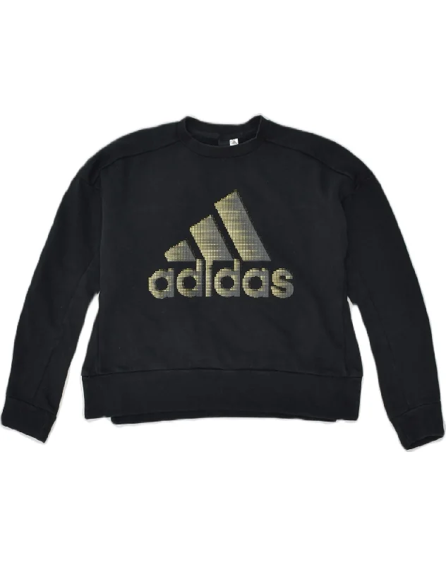 ADIDAS Womens Oversized Graphic Sweatshirt Jumper UK 6 XS Black Cotton Hoodie with Back Slit Movement Comfort