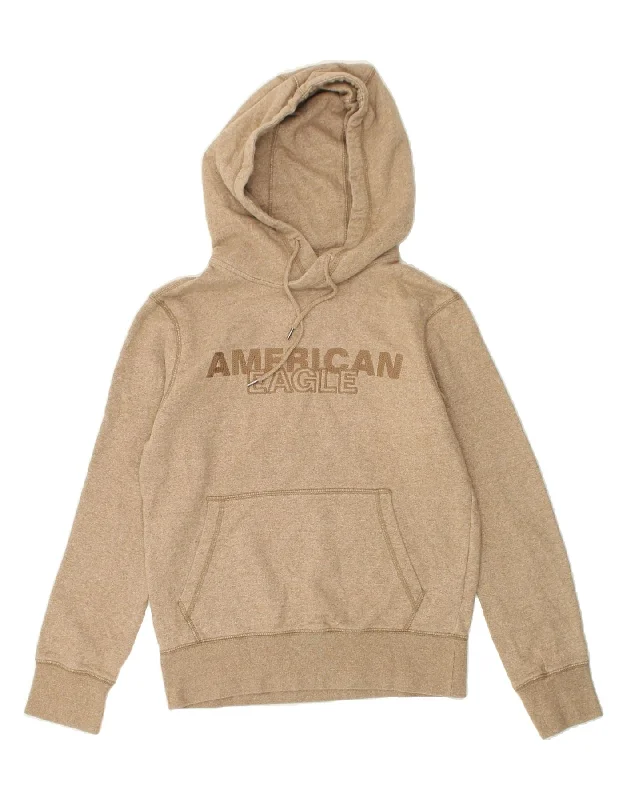 AMERICAN EAGLE Womens Oversized Graphic Hoodie Jumper UK 6 XS Brown Cotton Hoodie with Relaxed Fit Easy Casual