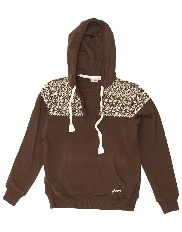 ASICS Womens Hoodie Jumper UK 10 Small Brown Fair Isle Cotton Hoodie with Exposed Zipper Edgy Industrial