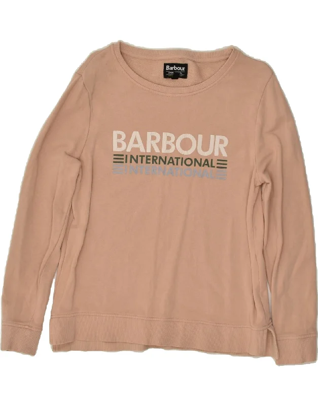 BARBOUR Womens Graphic Sweatshirt Jumper UK 10 Small Beige Cotton Hoodie with Ribbed Hem Stretchable Secure