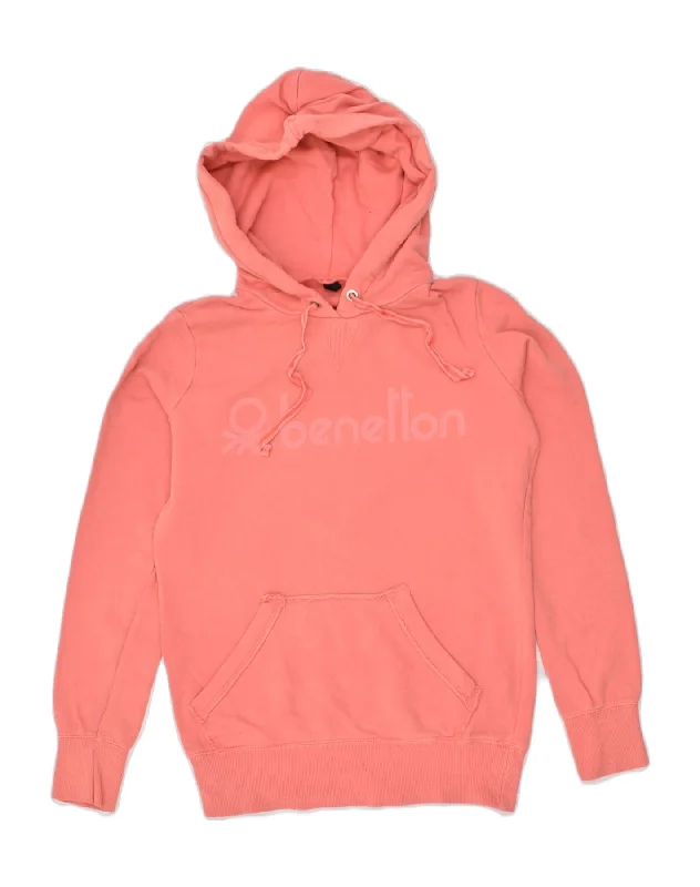 BENETTON Womens Graphic Hoodie Jumper UK 14 Medium  Orange Cotton Hoodie with Sequins Glamorous Eye-catching