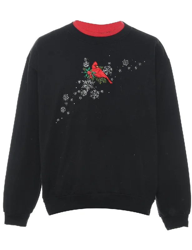 Bird Design Black & Red Christmas Sweatshirt - L Hoodie Crop Top Short Trendy