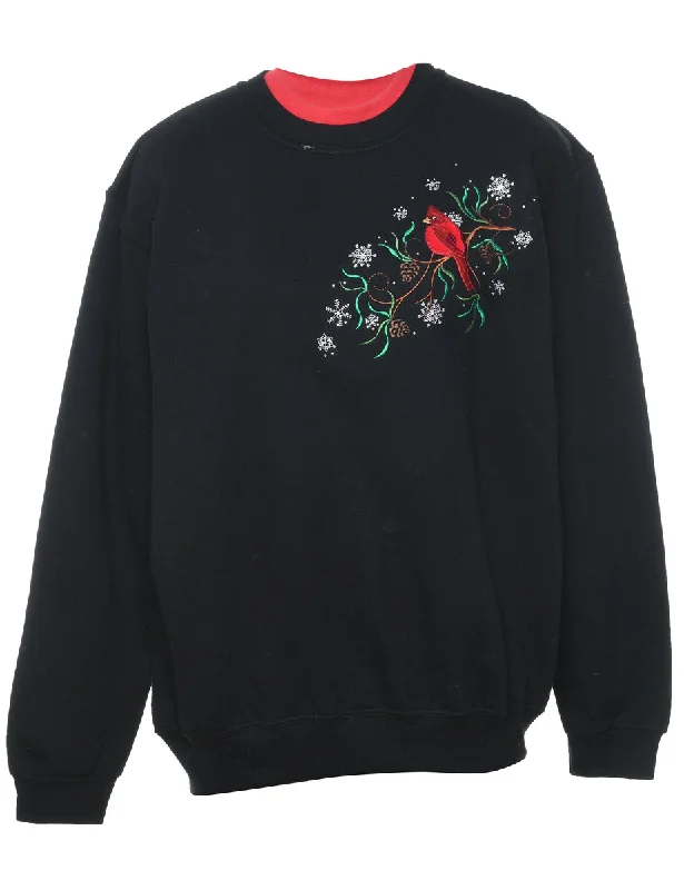 Bird Print Christmas Sweatshirt - L Hoodie with Pocket Utility Practical