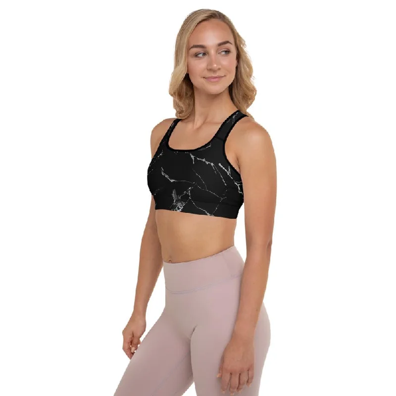 Black Marble Print Sports Bra, Premium Padded Fitness Gym Women's Bra- Made in USA/EU Stretchy Wireless Bra