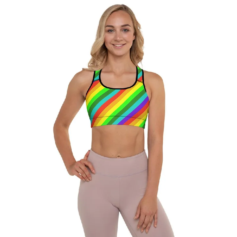 Bright Rainbow Stripe Sports Bra, Diagonal Women's Padded Gym Bra-Made in USA/EU Lightweight Cotton Bra