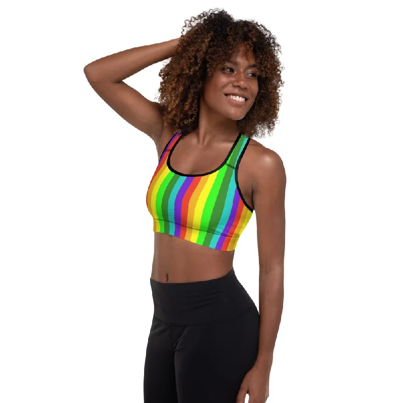 Rainbow Striped Sports Bra, Vertical Stripe Women's Padded Fitness Bra-Made in USA/EU Full Coverage Bralette