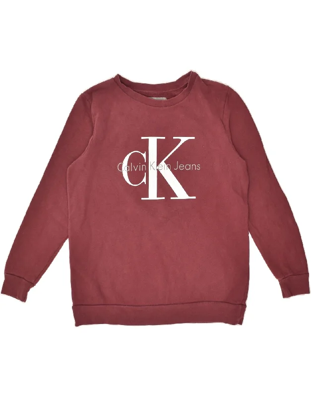 CALVIN KLEIN Womens Graphic Sweatshirt Jumper UK 10 Small Maroon Cotton Hoodie with Belted Waist Structured Tailored