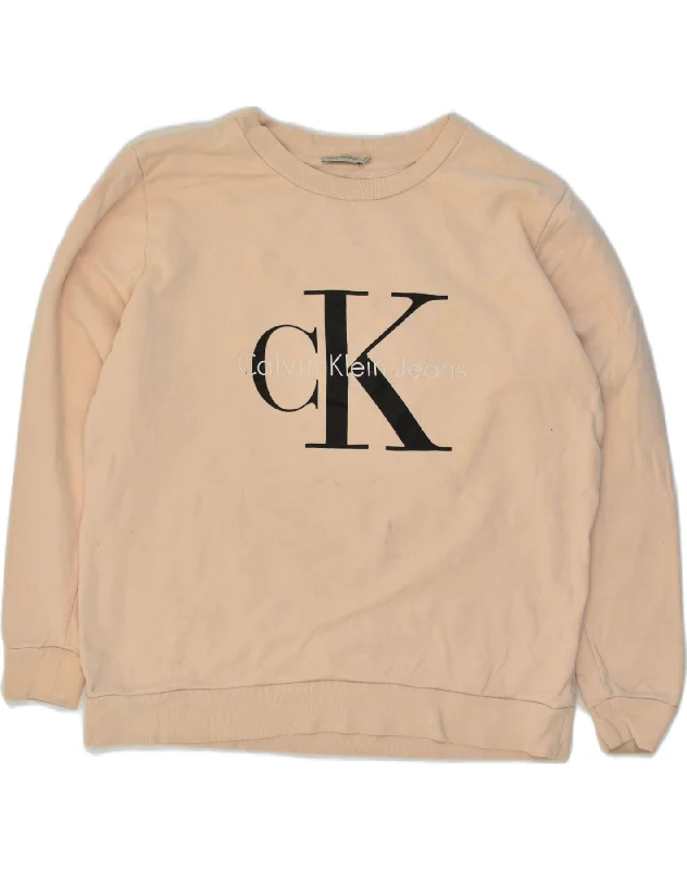 CALVIN KLEIN Womens Oversized Graphic Sweatshirt Jumper UK 10 Small Beige Hoodie with Thumb Holes Functional Cozy