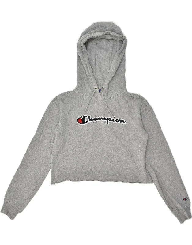 CHAMPION Womens Crop Oversized Hoodie Jumper UK 10 Small Grey Cotton Hoodie with Hem Ribbing Snug Secure