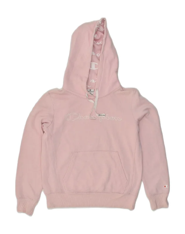 CHAMPION Womens Graphic Hoodie Jumper UK 10 Small Pink Hoodie with Zipper Placket Modern Functional